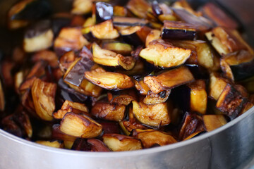 Eggplant cubes fried to make eggplant stew,