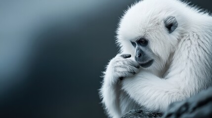 A snow-white monkey sits on a bluish rock, deeply lost in thought, surrounded by a serene atmosphere and the minimalist beauty of the natural world.