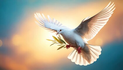Fototapeta premium white dove or white pigeon carrying olive leaf branch on pastel background and clipping path