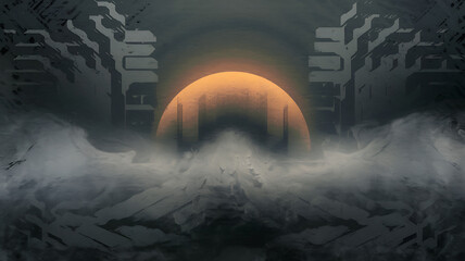 Mysterious orange light and dark grey fog create a sense of anticipation and wonder, perfect for fantasy and sci-fi designs. 
