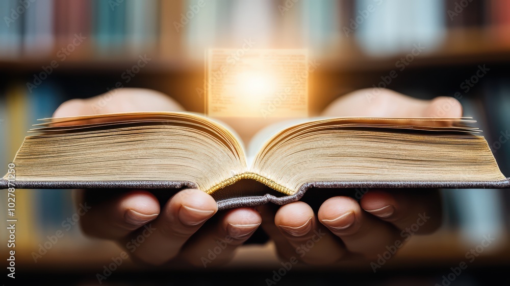Poster an open book held in hands, emanating a soft light, symbolizing knowledge and enlightenment.