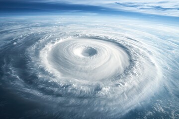 Aerial view of a powerful hurricane swirling over the ocean, showcasing its stunning cloud structure against a blue sky.