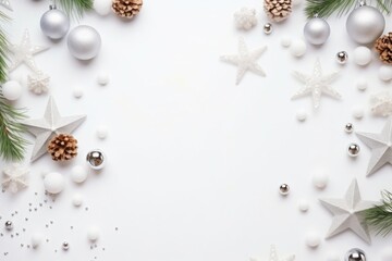 Christmas decoration on white background. Top view with copy space.