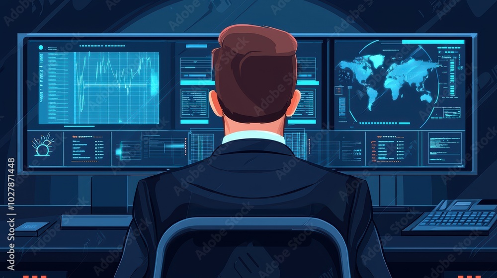 Poster business professional analyzing data on multiple monitors in a high-tech environment.