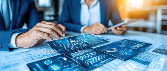 Business professionals analyzing data on digital displays in a modern office environment.