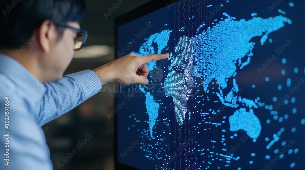 Poster businessman analyzing data on digital world map displayed on screen.