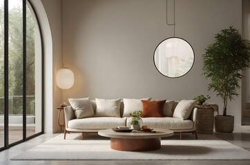 A sleek living room with a couch, coffee table, and contemporary pendant lights in a minimalist design.
