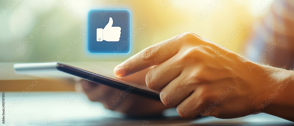 Poster close-up of a hand tapping on a tablet screen with a thumbs-up icon, showcasing digital interaction 