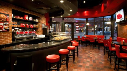 A cozy modern cafe with vibrant red interior, showcasing a curved counter with stools and a display of pastries, set in an urban neighborhood backdrop