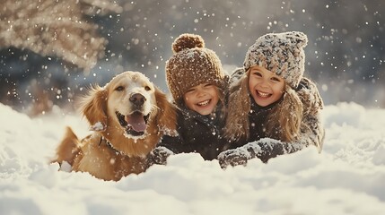 Obraz premium Kids playing with their dog in the snow on Christmas day with joyful expressions
