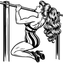 Woman performing pull-ups on a bar in a bold graphic style. Raster, generative ai.