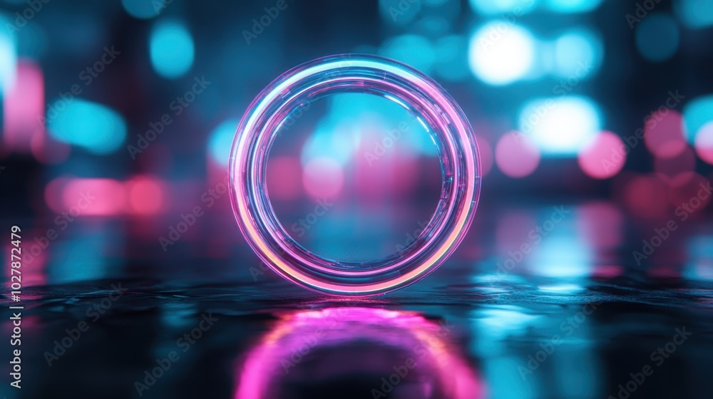 Poster this intriguing image features a circular loop reflecting vibrant neon lights, creating an illusiona