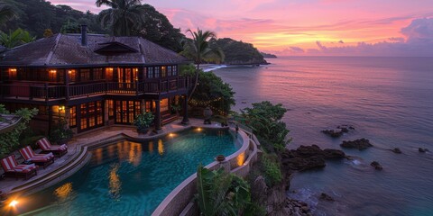 A breathtaking sunset view of a luxurious tropical beachfront villa with a private pool, surrounded by lush greenery, overlooking the serene ocean