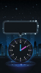 Obraz premium Neon clock and city skyline with speech bubble, blue and pink, futuristic city concept, midnight deadline. 