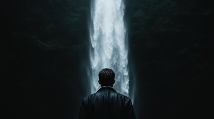 Obraz premium A striking visual of a lone figure calmly standing before a cascading, misty waterfall, evoking feelings of peaceful solitude and the serene beauty of nature.