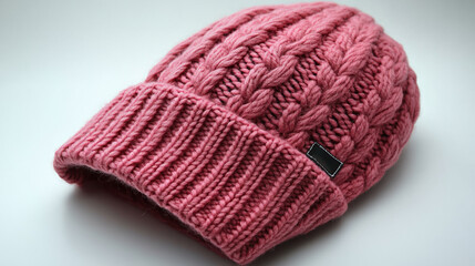 Fototapeta premium Close-up of a pink knitted hat, representing cozy winter fashion and warmth.