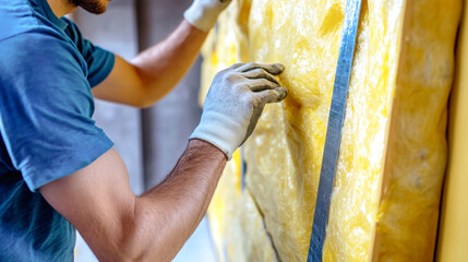 Worker installs yellow rock wool insulation in a metal-framed wall for effective heat protection in commercial construction