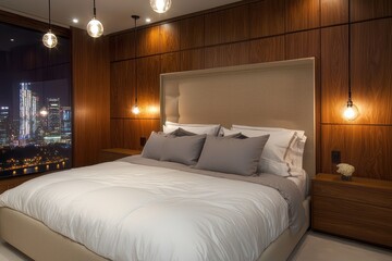 Contemporary bedroom featuring wooden panels, white and grey bedding, beige fabric headboard, and overhead hanging lights, cityscape in view