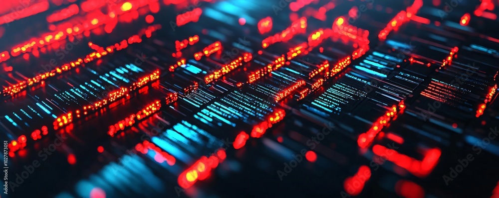 Poster high-tech network circuitry with glowing red lights, showcasing advanced technology and intricate di
