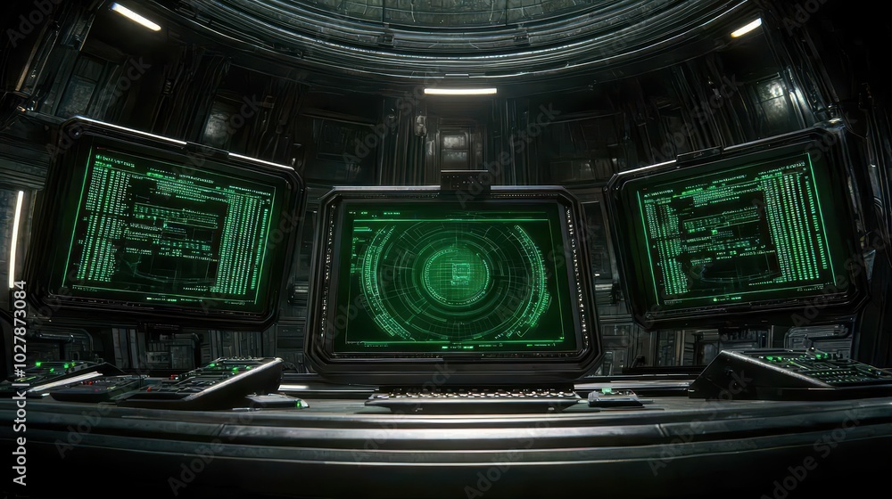 Poster futuristic control room with glowing screens and high-tech interface.