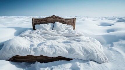 A wooden bed lies covered in snow, under a vast open sky, creating a surreal and serene atmosphere, blending nature with everyday objects.