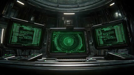 Obraz premium Futuristic control room with glowing screens and high-tech interface.