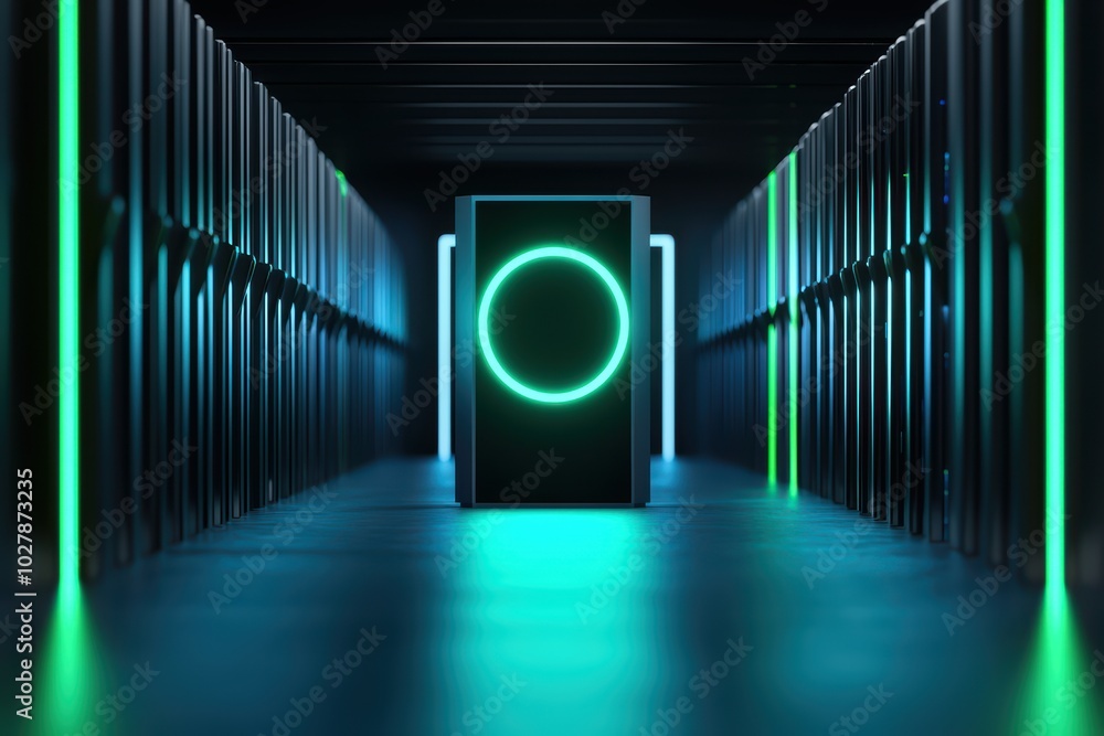 Poster futuristic data center with glowing servers and a centralized control unit, showcasing advanced tech