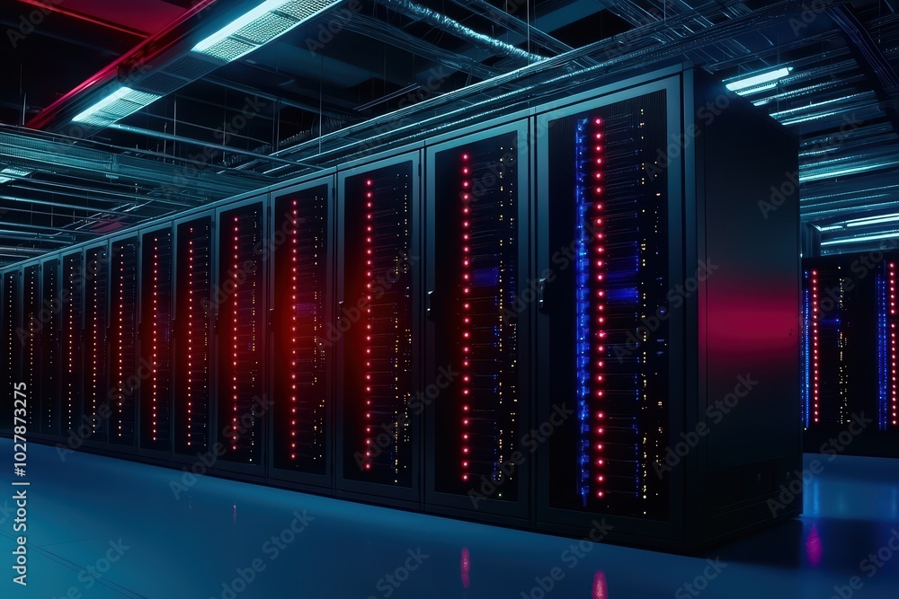 Poster futuristic data center with illuminated server racks in a high-tech environment.
