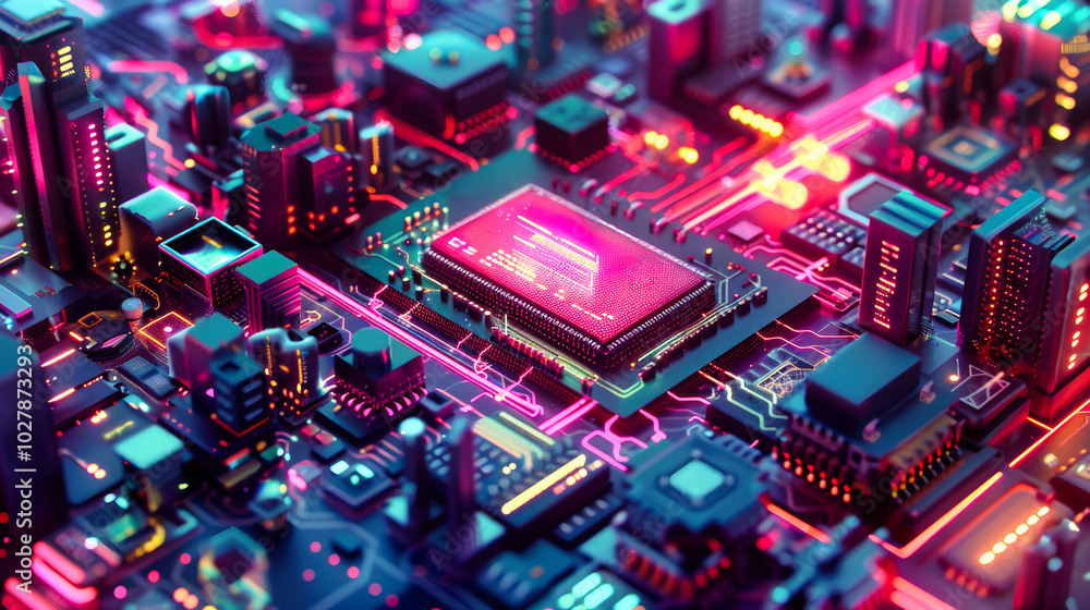 Poster a futuristic isometric rendering of a glowing computer chip surrounded by circuits and a vibrant urb