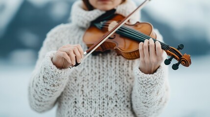 A musician clad in a wool sweater plays the violin against a winter landscape, carving tunes that...