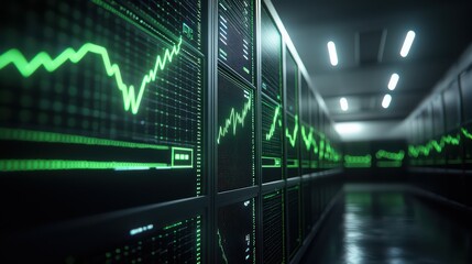 Futuristic data center with glowing green analytics on screens, showcasing advanced technology in a modern environment.
