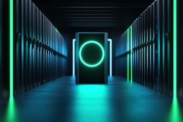 Futuristic data center with glowing servers and a centralized control unit, showcasing advanced technology and innovation.
