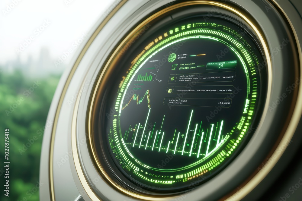 Poster futuristic display with green metrics and interfaces, showcasing data analytics and visualizations.