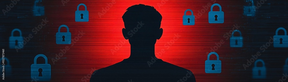 Poster silhouetted figure against a red background with digital padlocks, symbolizing cybersecurity and dat