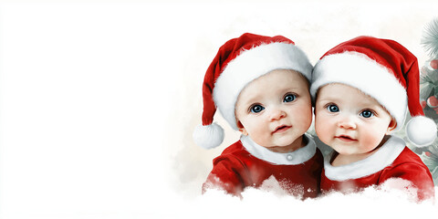 Twin babies in Santa hats with Christmas tree on white background
