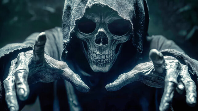Creepy hooded skeleton reaches with stretched hands against a dark background, capturing the eerie essence of the Grim Reaper in a striking close-up