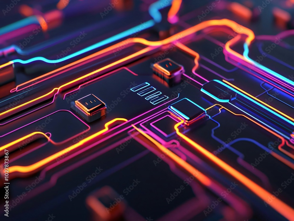 Poster vibrant circuit board with colorful lines and intricate patterns, showcasing modern technology and d