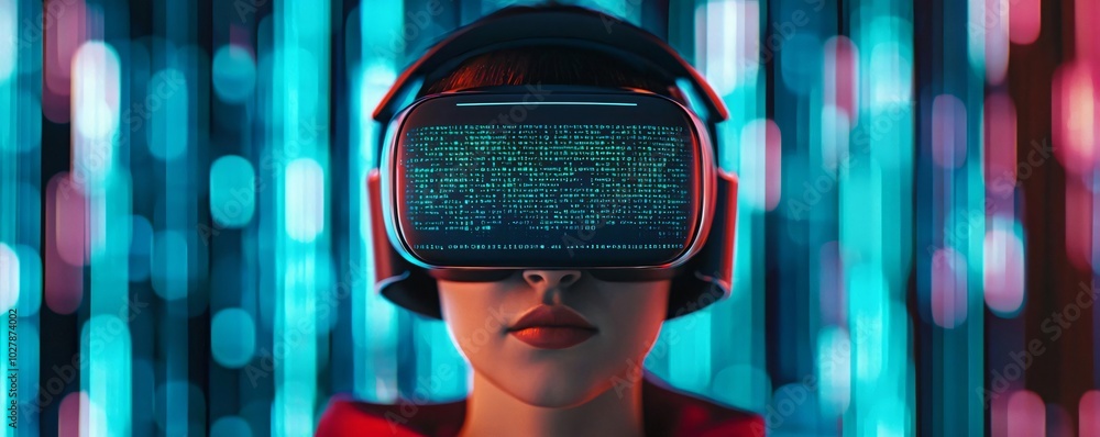 Poster a captivating scene of a person wearing a virtual reality headset, immersed in an array of colorful 