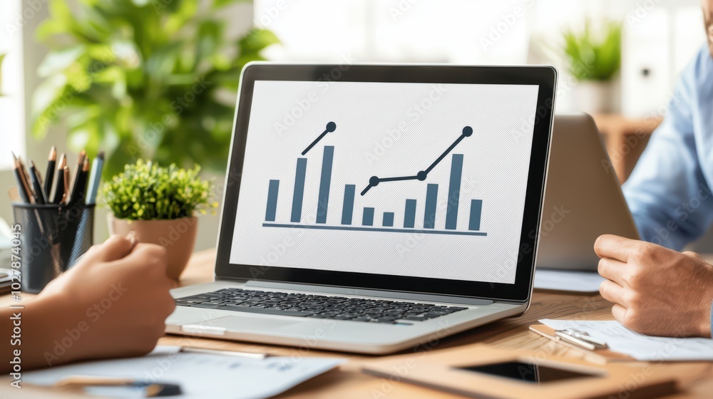 Poster hands collaborating over a laptop displaying a growth chart in a bright, modern workspace.