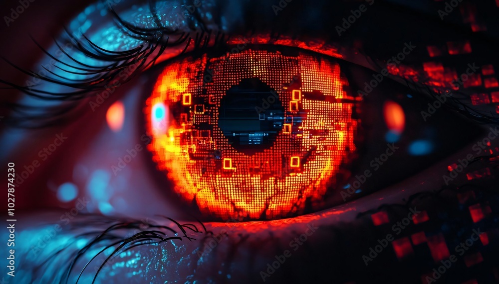 Poster a close-up view of a digital eye with a glowing orange and blue pattern, symbolizing technology and 