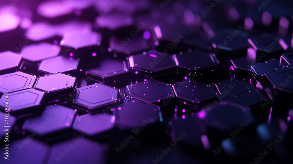 Poster a futuristic background with dark purple hexagonal shapes, like a honeycomb. it represents blockchai