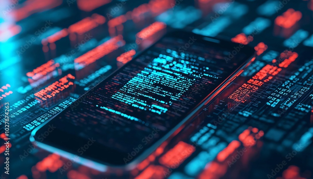 Poster a close-up view of a smartphone featuring digital code and glowing elements, symbolizing technology 