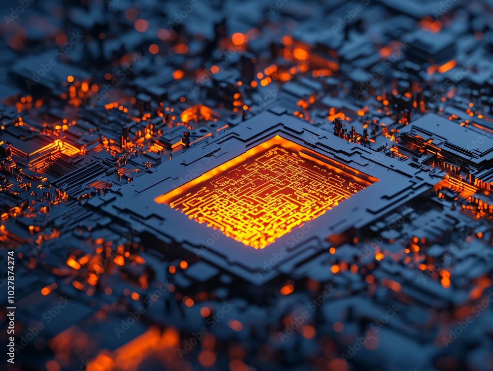 Poster a close-up view of a futuristic microchip with vibrant glowing elements, showcasing intricate circui