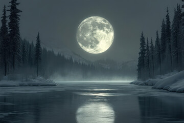 Full Moon Over a Misty River