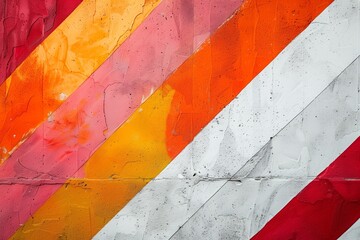 Obraz premium Abstract mural featuring diagonal stripes in vibrant red, orange, pink, yellow, and white colors with a textured, weathered surface
