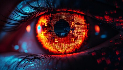 A close-up view of a digital eye with a glowing orange and blue pattern, symbolizing technology and artificial intelligence.