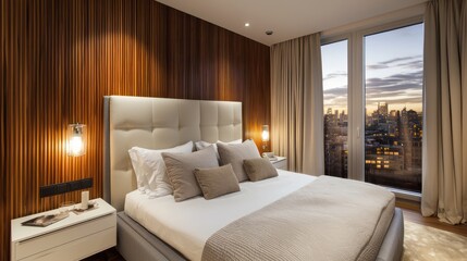 Contemporary bedroom featuring wooden wall panels, a white and grey bed, beige fabric headboard, with a warm cityscape view