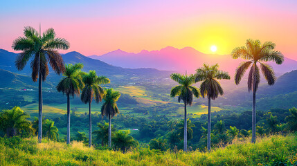 A Serene Tropical Landscape Featuring a Row of Palm Trees Swaying in the Breeze