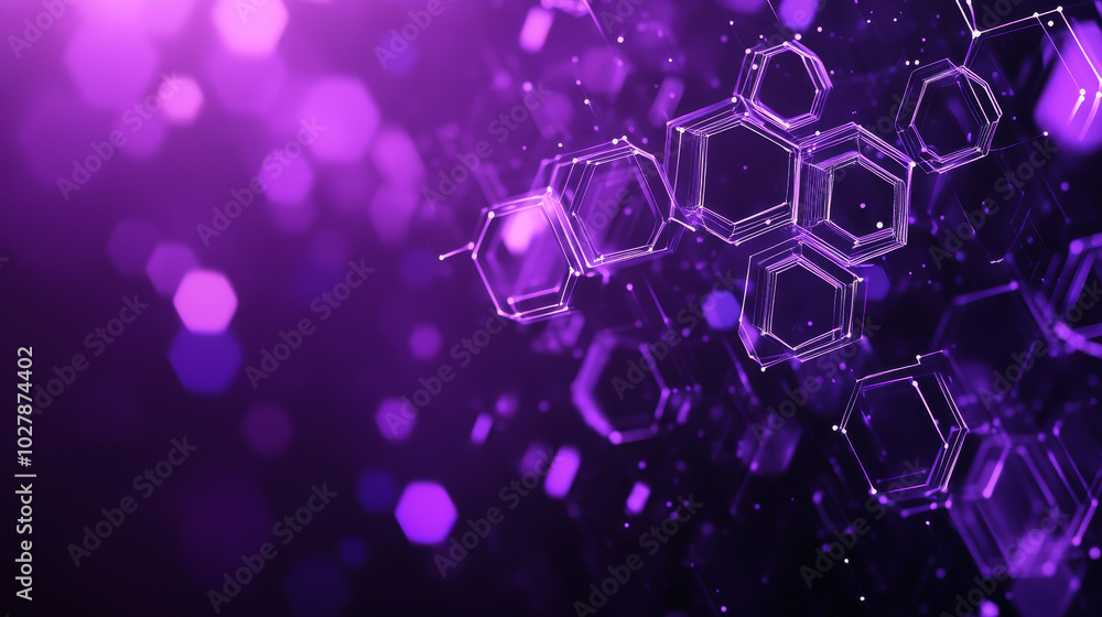 Poster a futuristic background with dark purple hexagonal shapes, like a honeycomb. it represents blockchai