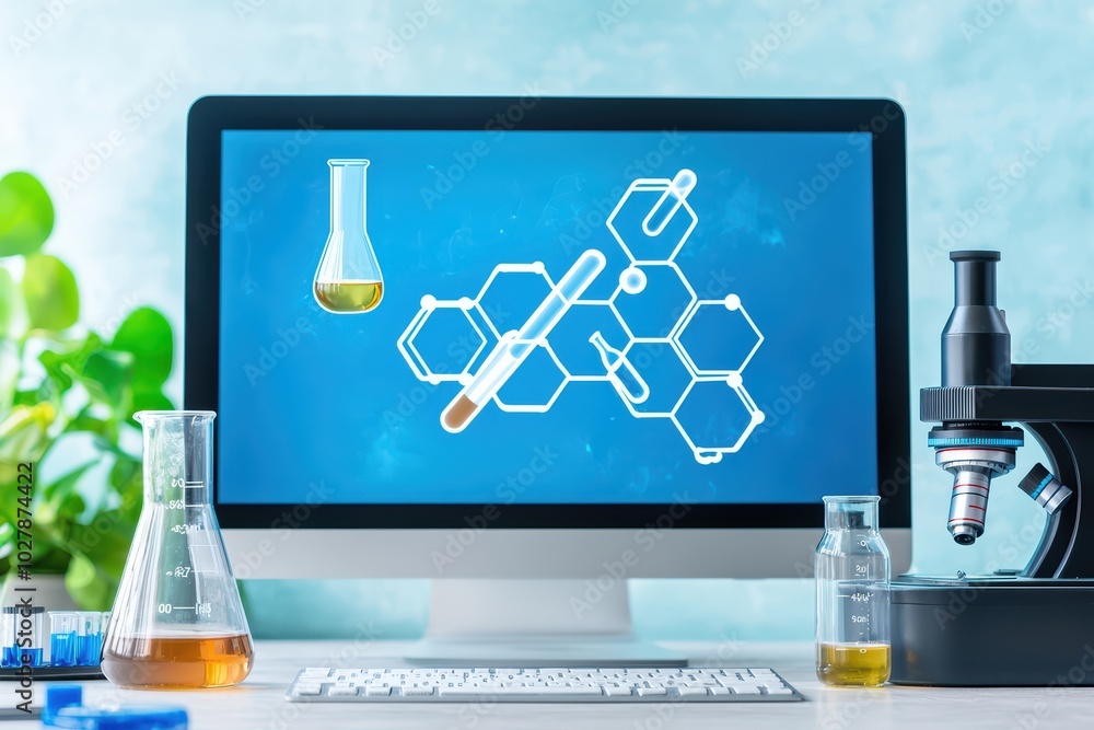 Aufkleber laboratory workspace with scientific instruments, colorful liquids, and a computer displaying molecu